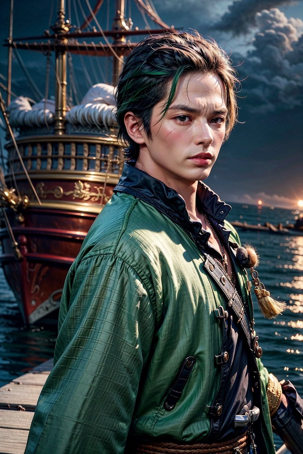  looking at viewer, scenic view, Extremely Realistic, high resolution, masterpiece, 
(pirate ship background, water, ocean), 

zoro, solo, looking at viewer, short hair, long sleeves, 1boy, jacket, upper body, weapon, male focus, japanese clothes, green hair, from side, scar, sheath, scar on face, sheathed, hair slicked back 