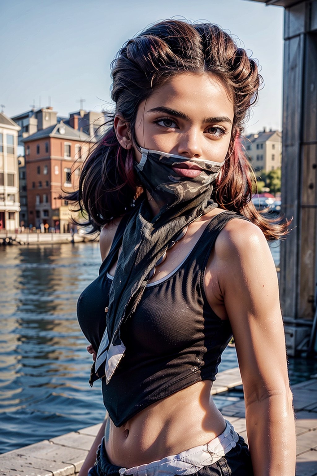   smile,   mature_woman, 27 years old, stern expression, frustrated, disappointed, flirty pose, sexy, looking at viewer, scenic view, Extremely Realistic, high resolution, masterpiece, 

roxanne, twintails, hair ribbon,  covered mouth, bandana, hat, tank top, short shorts, wristband, jewelry, necklace