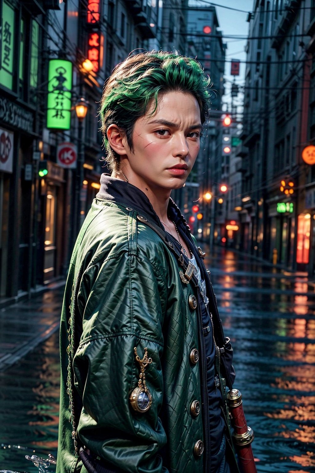  looking at viewer, scenic view, Extremely Realistic, high resolution, masterpiece, 
(pirate ship background, water, ocean), 

zoro, solo, looking at viewer, short hair, long sleeves, 1boy, jacket, upper body, weapon, male focus, japanese clothes, green hair, from side, scar, sheath, scar on face, sheathed, hair slicked back 