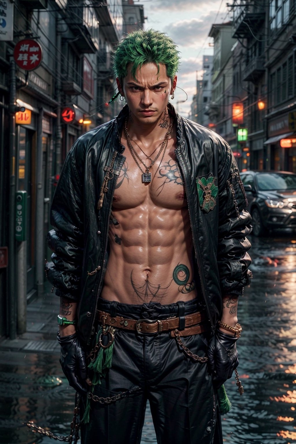  looking at viewer, scenic view, Extremely Realistic, high resolution, masterpiece, 
pirate ship background, water, ocean, 

zoro, solo, short hair, gloves, 1boy, jewelry, jacket, weapon, male focus, earrings, green hair, open clothes, belt, pants, necklace, bracelet, tattoo, chain, scar, black pants , pectorals, sheath, scar on face, rain, sheathed, scar across eye, chain necklace ,zoro