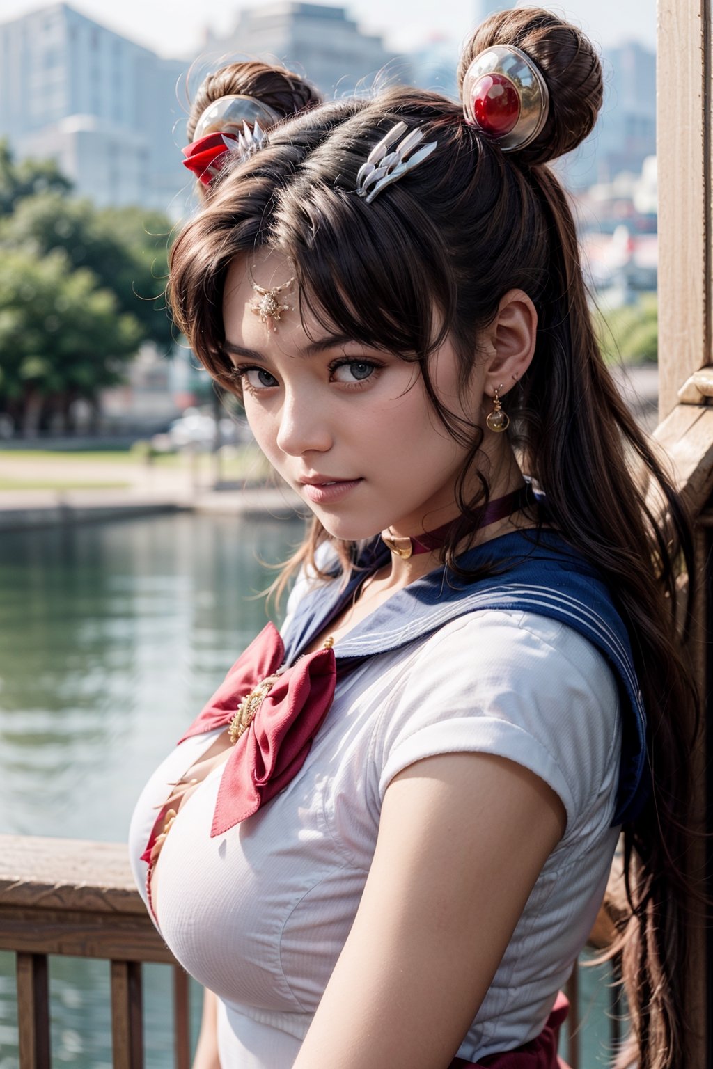   smile,   mature_woman, 27 years old, stern expression, frustrated, disappointed, flirty pose, sexy, looking at viewer, scenic view, Extremely Realistic, high resolution, masterpiece, 

aausagi, double bun, twintails, parted bangs, circlet, jewelry, earrings, choker, red bow, white gloves, elbow gloves, blue skirt

(+ hair ornament)