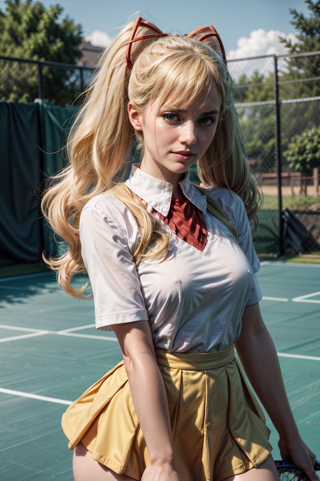   smile,   mature_woman, 27 years old, stern expression, frustrated, disappointed, flirty pose, sexy, looking at viewer, scenic view, Extremely Realistic, high resolution, masterpiece, 

TWINTAILS, TWIN DRILLS, Luna_MM, twin tails, drill hair, blonde, ((blue and yellow tennis dress), school uniform, high waist skirt, )blond_hair, big hair, big red ribbon in hair, ,  
tennis court, cowboy shot, 