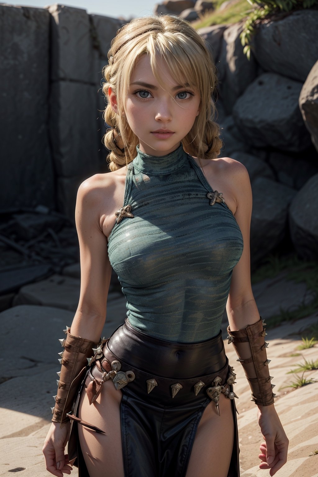   smile,   (mature_woman, 27 years old), stern expression, frustrated, disappointed, flirty pose, sexy, looking at viewer, scenic view, Extremely Realistic, high resolution, masterpiece, 

long blonde hair with a messy braid and some hair covering her left eye), light blue eyes, has a leather headband with metal spikes around it of her forehead, 

((high neck pencil dress))