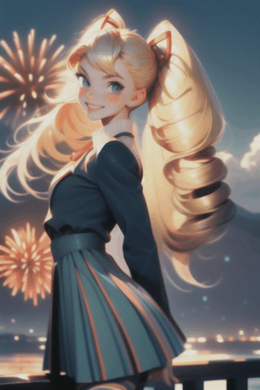 
TWINTAILS, TWIN DRILLS, Luna_MM, twin tails, drill hair, blonde, blond_hair, big hair, big red ribbon in hair, cowboy shot, scenic view, smile, parted lips , striped tights,blue dress, school uniform, skirt, 

exploding fireworks ,