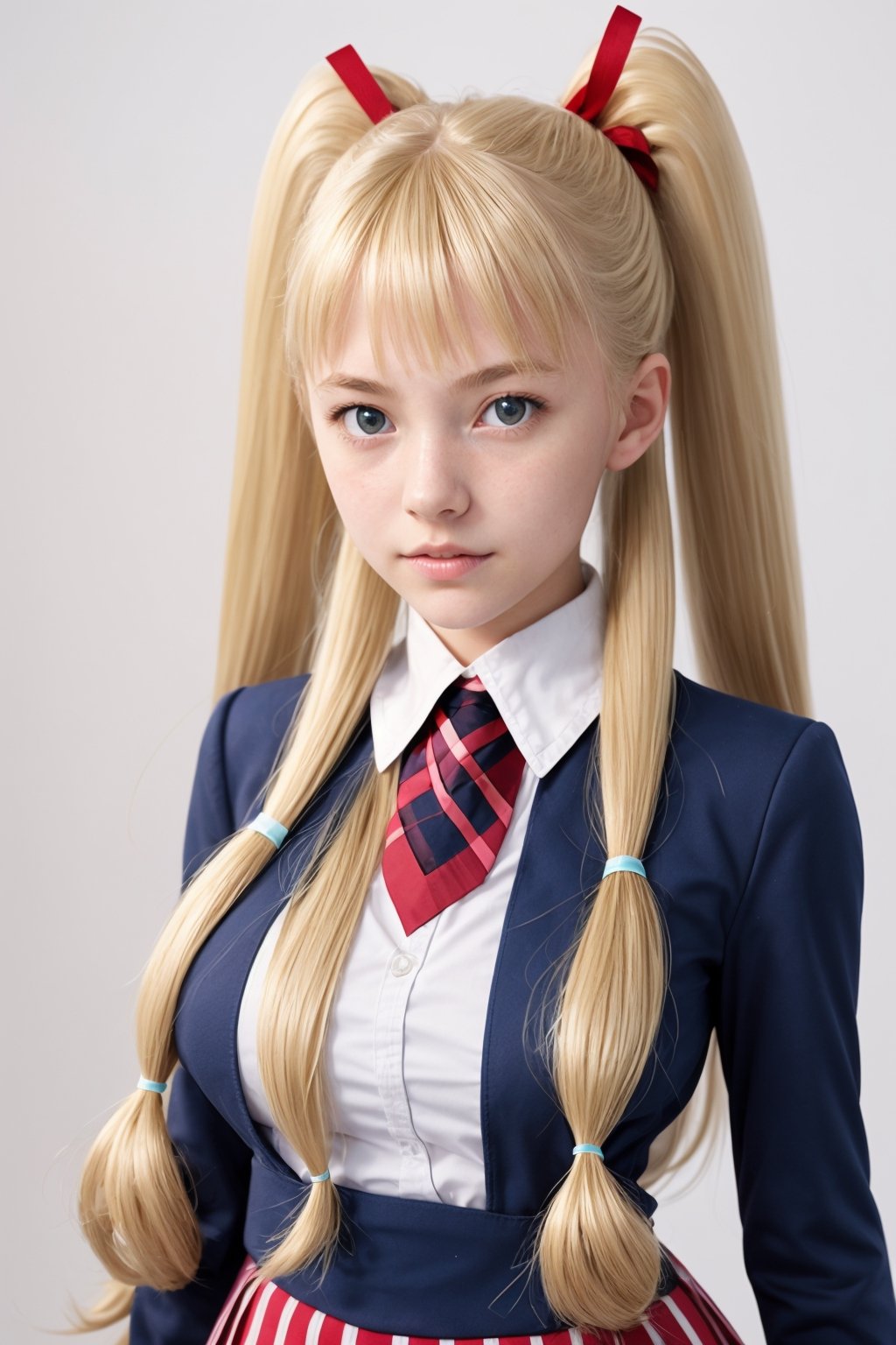 masterpiece, best quality, 1girl, solo, looking at viewer, breasts, , portrait, white background, simple background, 

TWINTAILS, TWIN DRILLS, Luna_MM, twin tails, drill hair, blonde, striped tights,blue dress, school uniform, skirt, blond_hair, big hair, big red ribbon in hair, ,photorealistic,1 girl ,REALISTIC