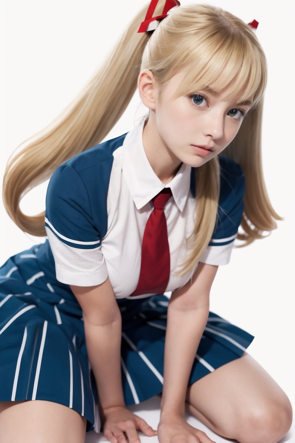 masterpiece, best quality, 1girl, solo, looking at viewer, breasts, , portrait, white background, simple background, 

TWINTAILS, TWIN DRILLS, Luna_MM, twin tails, drill hair, blonde, striped tights,blue dress, school uniform, skirt, blond_hair, big hair, big red ribbon in hair, ,photorealistic,1 girl ,REALISTIC