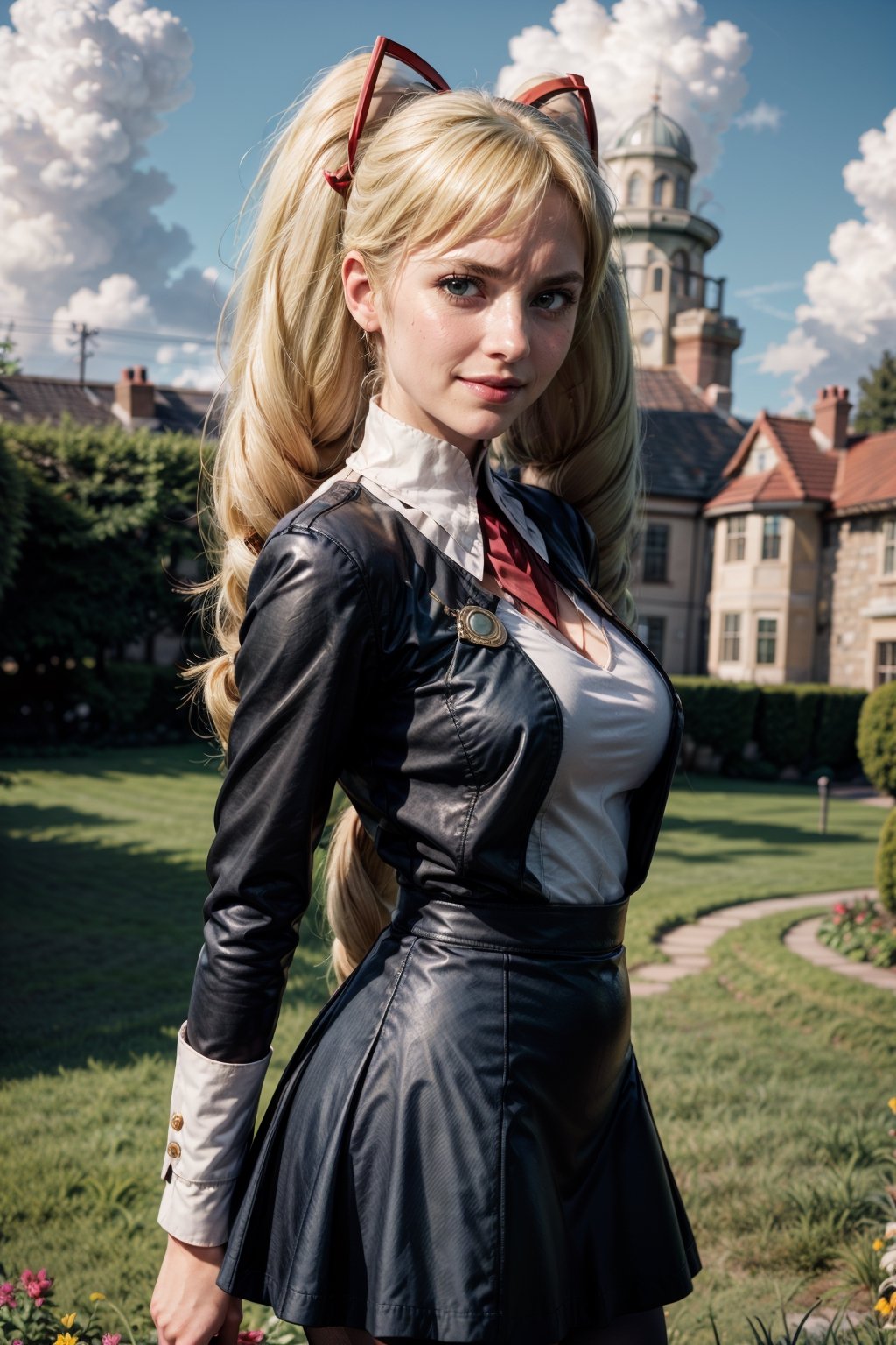   smile,   mature_woman, 27 years old, stern expression, frustrated, disappointed, flirty pose, sexy, looking at viewer, scenic view, Extremely Realistic, high resolution, masterpiece, 

 black jacket, black skirt, blue pantyhose, looking at viewer, smile, garden, blue sky, clouds,

TWINTAILS, TWIN DRILLS, Luna_MM, twin tails, drill hair, blonde, blond_hair, big hair, big red ribbon in hair, 