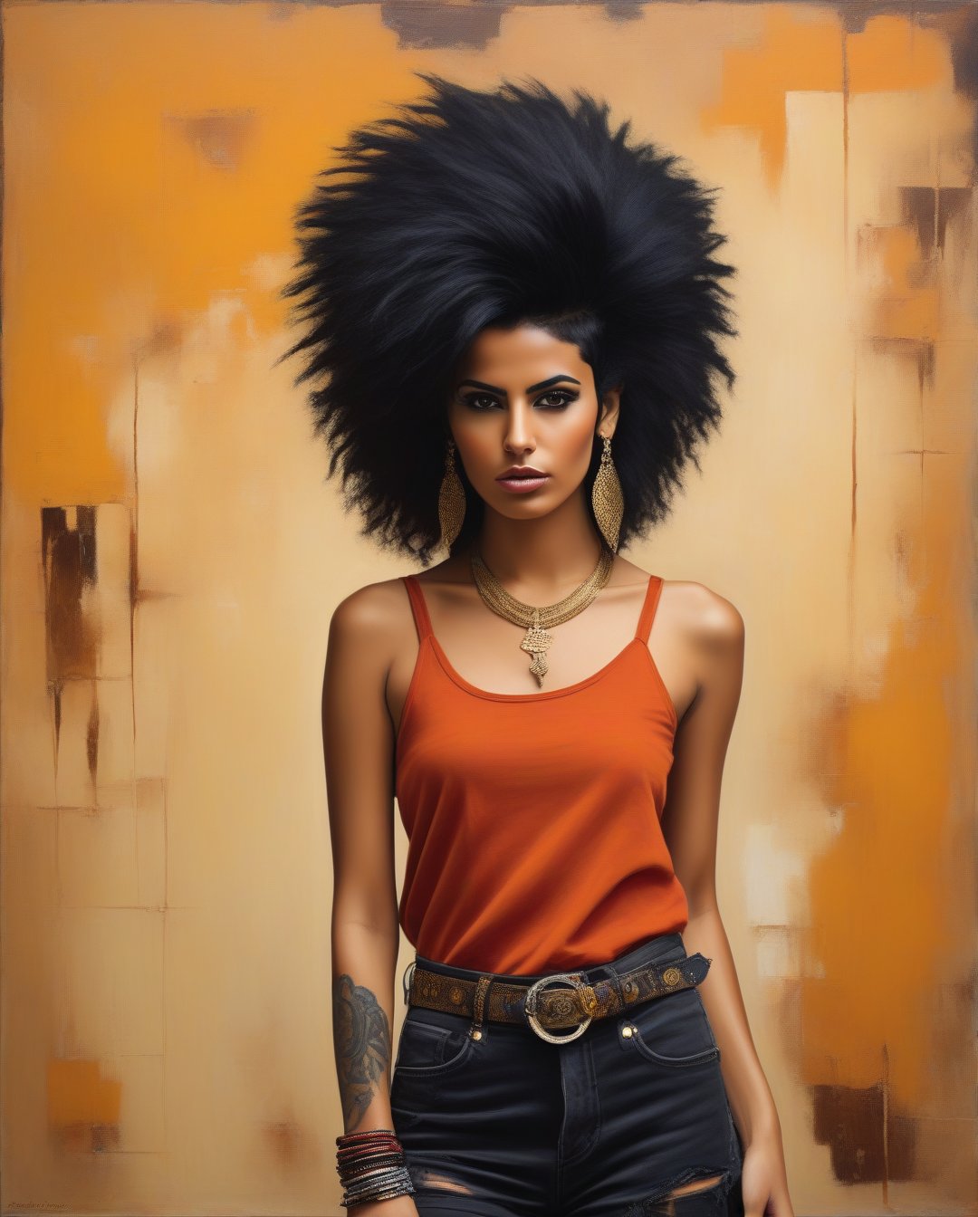 A rebellious Saudi Arabian woman, her black hair styled into a punk rock inspired look, complements her brown eyes and light brown tan skin. The image, possibly a vibrant painting or a striking photograph, captures her bold and unique style with precision. Every detail, from her edgy clothing to her unconventional appearance, exudes an air of confidence and individuality. The high quality of the image allows viewers to truly appreciate the essence of her unconventional beauty and self-expression.