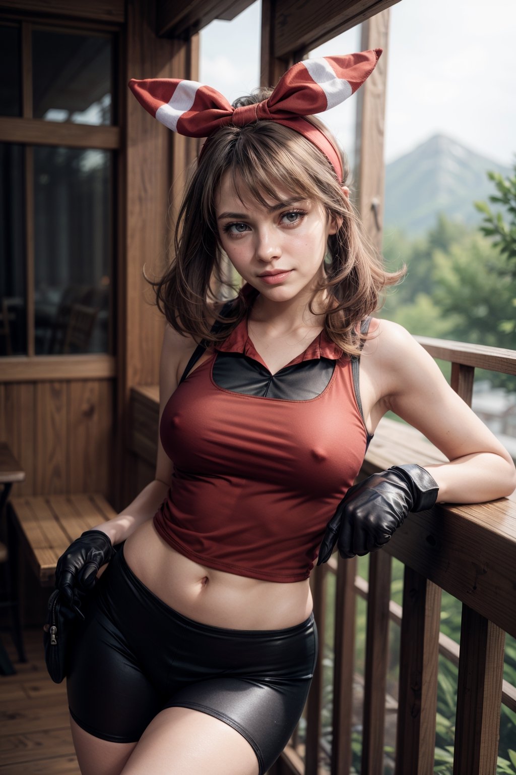   smile,   mature_woman, 27 years old, stern expression, frustrated, disappointed, flirty pose, sexy, looking at viewer, scenic view, Extremely Realistic, high resolution, masterpiece, 

may, 1girl, solo, looking at viewer, shirt, eyelashes, bike shorts, bandana, red shirt, hairband, medium hair, gloves, shorts, bow hairband, sleeveless, red bandana
