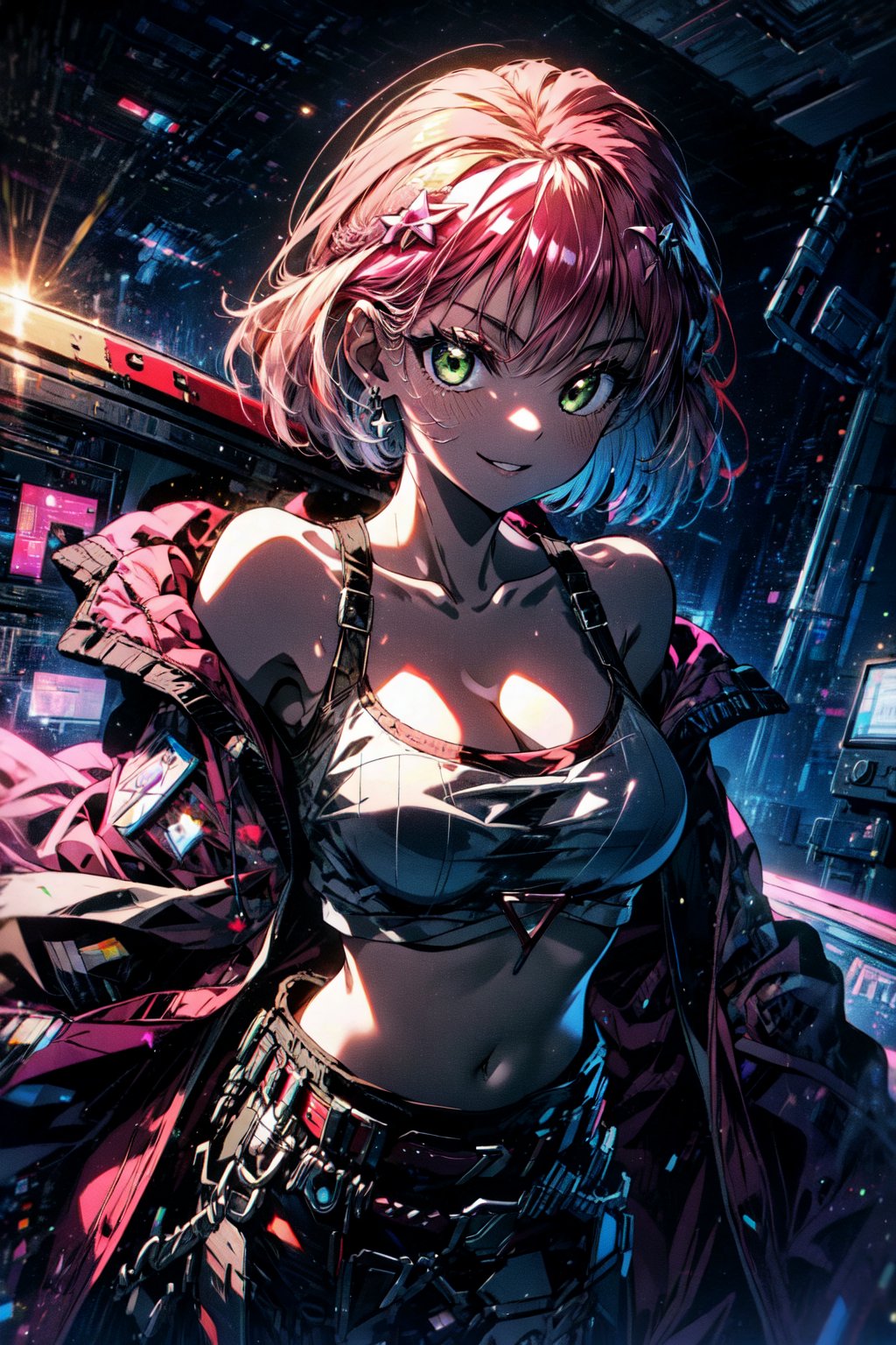 masterpiece, best quality, highres,  solo, 

kisikilslf1, pink hair, green eyes, short hair, white tank top, midriff, shorts, pink belt, asymmetrical legwear, oversized pink jacket,

cowboy shot, space station,  smile,  medium breasts, cleavage, leaning forward,close up face, smile, parted lips , night, arms behind back