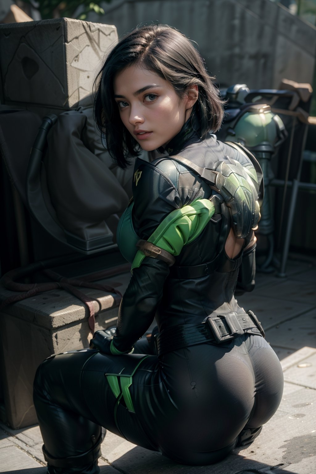   smile,   mature_woman, 27 years old, stern expression, frustrated, disappointed, flirty pose, sexy, looking at viewer, scenic view, Extremely Realistic, high resolution, masterpiece, 

valorantViper, green eyes, bodysuit, gloves, belt, thigh boots,  sitting, looking at viewer, serious, from behind, concrete floor, night