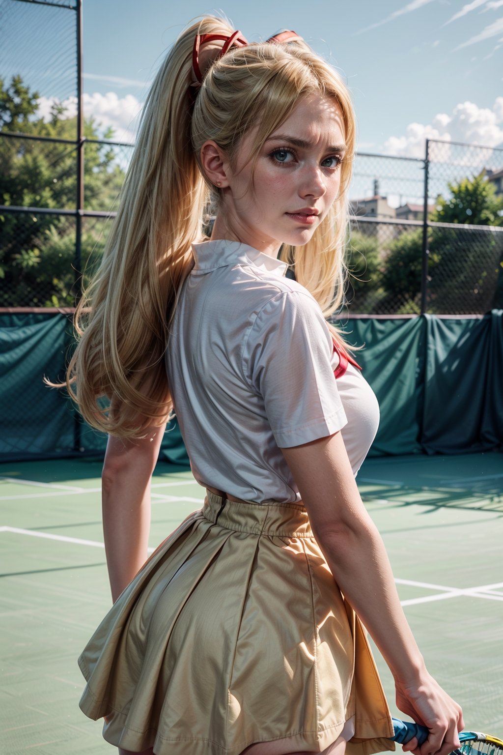   smile,   mature_woman, 27 years old, stern expression, frustrated, disappointed, flirty pose, sexy, looking at viewer, scenic view, Extremely Realistic, high resolution, masterpiece, 

TWINTAILS, TWIN DRILLS, Luna_MM, twin tails, drill hair, blonde, ((blue and yellow tennis dress), school uniform, high waist skirt, )blond_hair, big hair, big red ribbon in hair, , from behind, 
tennis court, cowboy shot, 