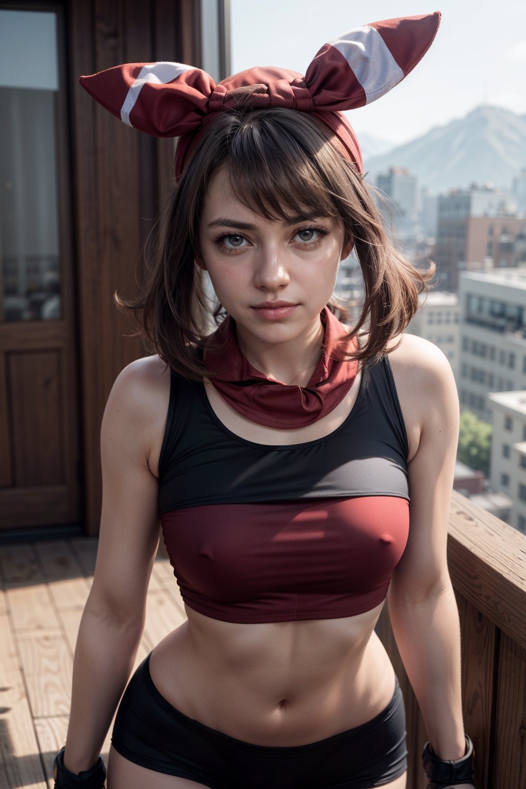   smile,   mature_woman, 27 years old, stern expression, frustrated, disappointed, flirty pose, sexy, looking at viewer, scenic view, Extremely Realistic, high resolution, masterpiece, 

may, 1girl, solo, looking at viewer, shirt, eyelashes, bike shorts, bandana, red shirt, hairband, medium hair, gloves, shorts, bow hairband, sleeveless, red bandana, tight white pencile skirt, 