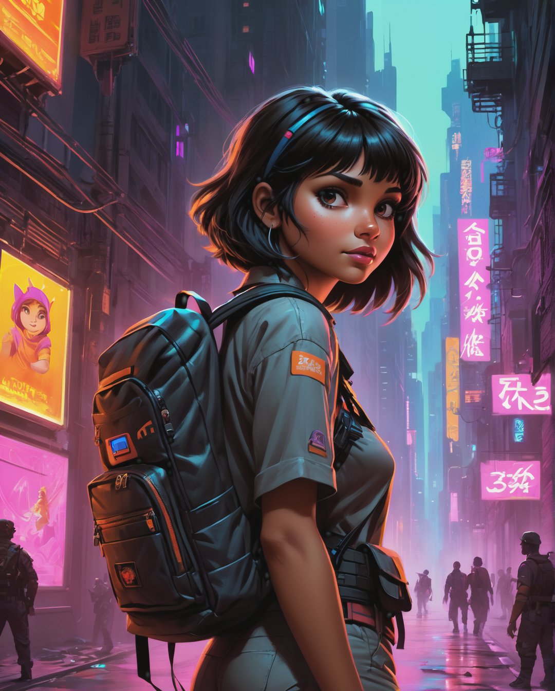 In a gritty cyberpunk metropolis, Dora the Explorer morphs into a stunning digital painting, bathed in neon hues and high-contrast lighting. Her portrait, akin to Henriette Kaarina Amelia von Buttlar's realistic artwork, exudes fashion sense and tenacity. Framed by towering skyscrapers and holographic advertisements, Dora's striking visage dominates the composition, her eyes gleaming like LED lights in a darkened alleyway. Amidst this dystopian landscape, her pose screams defiance, as if ready to conquer the virtual realm with nothing but a backpack full of digital gadgets.,.., in the style of Frank Frazetta, Arthur Rackham, Dean Cornwell, pulp, volumetric lighting, dramatic lighting, pulp sci-fi, black, smoke, belt, backpack, warm colors