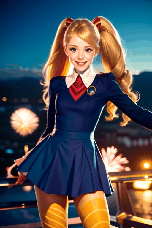 
TWINTAILS, TWIN DRILLS, Luna_MM, twin tails, drill hair, blonde, blond_hair, big hair, big red ribbon in hair, cowboy shot, scenic view, smile, parted lips , striped tights,blue dress, school uniform, skirt, 

exploding fireworks ,photorealistic