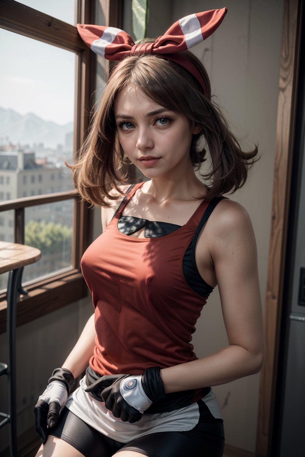   smile,   mature_woman, 27 years old, stern expression, frustrated, disappointed, flirty pose, sexy, looking at viewer, scenic view, Extremely Realistic, high resolution, masterpiece, 

may, 1girl, solo, looking at viewer, shirt, eyelashes, bike shorts, bandana, red shirt, hairband, medium hair, gloves, shorts, bow hairband, sleeveless, red bandana, tight white pencile skirt, 