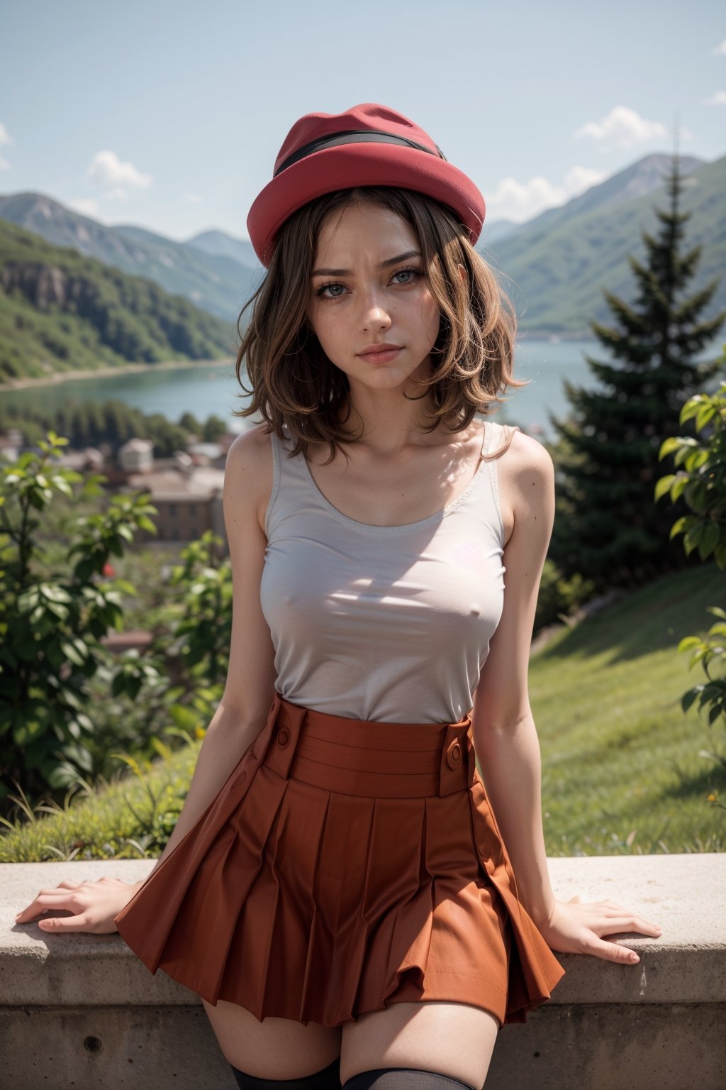   smile,   mature_woman, 27 years old, stern expression, frustrated, disappointed, flirty pose, sexy, looking at viewer, scenic view, Extremely Realistic, high resolution, masterpiece, 

 serena, looking at viewer, eyelashes, large hat, sleeveless, long hair, thighhighs, short hair, skirt, black thighhighs, shirt, collarbone, red skirt, pleated skirt, sleeveless shirt