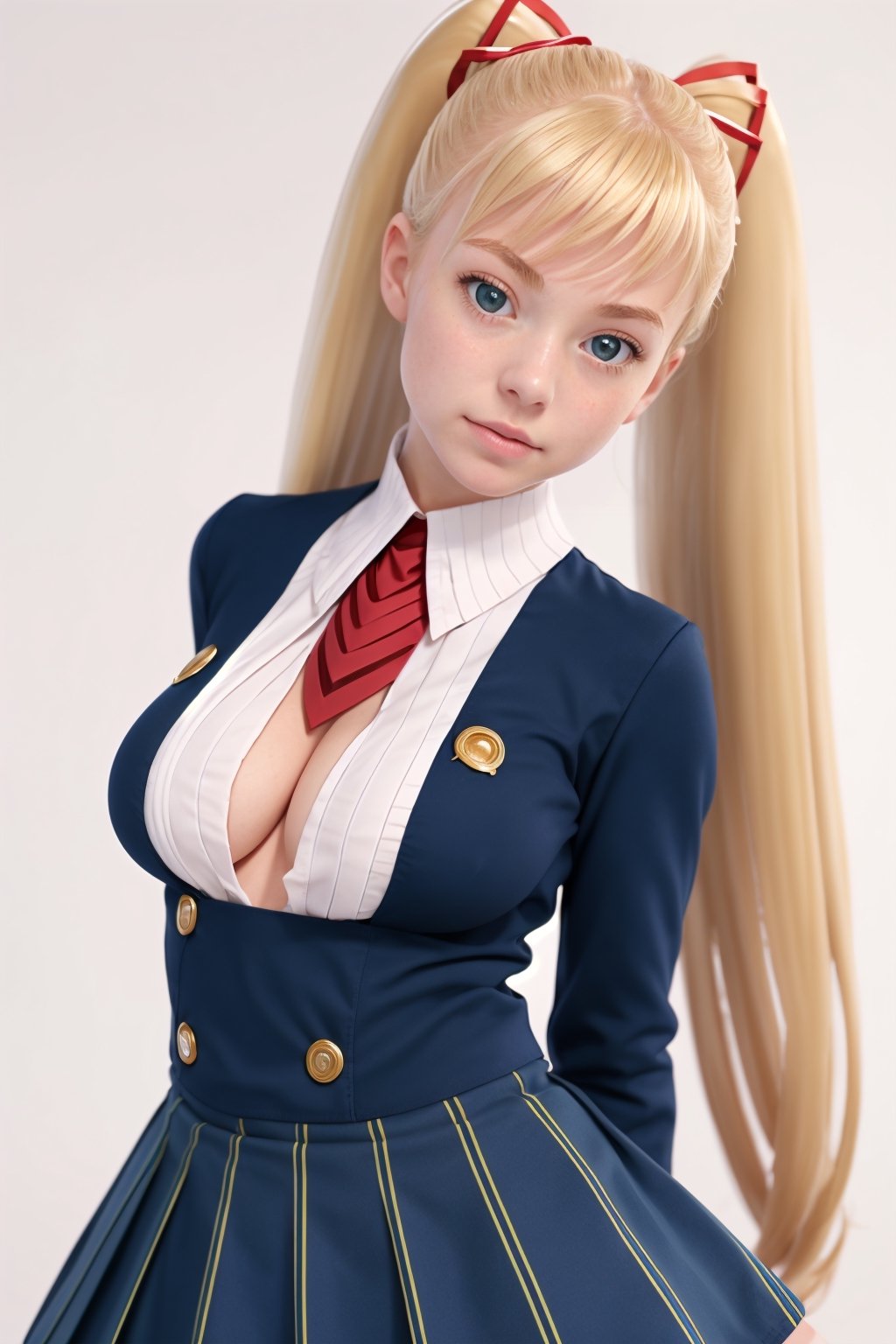 masterpiece, best quality, 1girl, solo, looking at viewer, breasts, , portrait, white background, simple background, 

TWINTAILS, TWIN DRILLS, Luna_MM, twin tails, drill hair, blonde, striped tights,blue dress, school uniform, skirt, blond_hair, big hair, big red ribbon in hair, ,photorealistic,1 girl ,REALISTIC