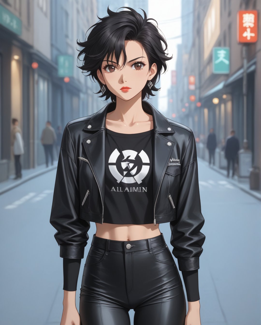 Art Style by Yoshiyuki Tomino, Flat-colored still of a photo of a a full-body, high-resolution anime style of a rebellious teenage female punk rocker with short curly black hair, thin face, intense red lips, leather jacket, and tight leather pants, inspired by the works of Yoshiaki Kawajiri, vibrant and edgy, with dramatic lighting and dynamic composition.,... anime girl from a 80s Anime portrayed by hajime sorayama, looking away from the viewer, solemn expression