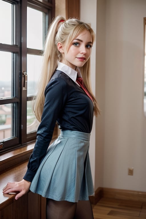  Blue dress, smile,  panties, mature_woman, 27 years old,Luna_MM, twin tails, drill hair, blonde, striped tights,blue dress, school uniform, skirt, blond_hair, big hair, big red ribbon in hair, stern expression, frustrated, disappointed, flirty pose, sexy, looking at viewer, scenic view,Extremely Realistic,TWINTAILS, TWIN DRILLS,REALISTIC,Masterpiece