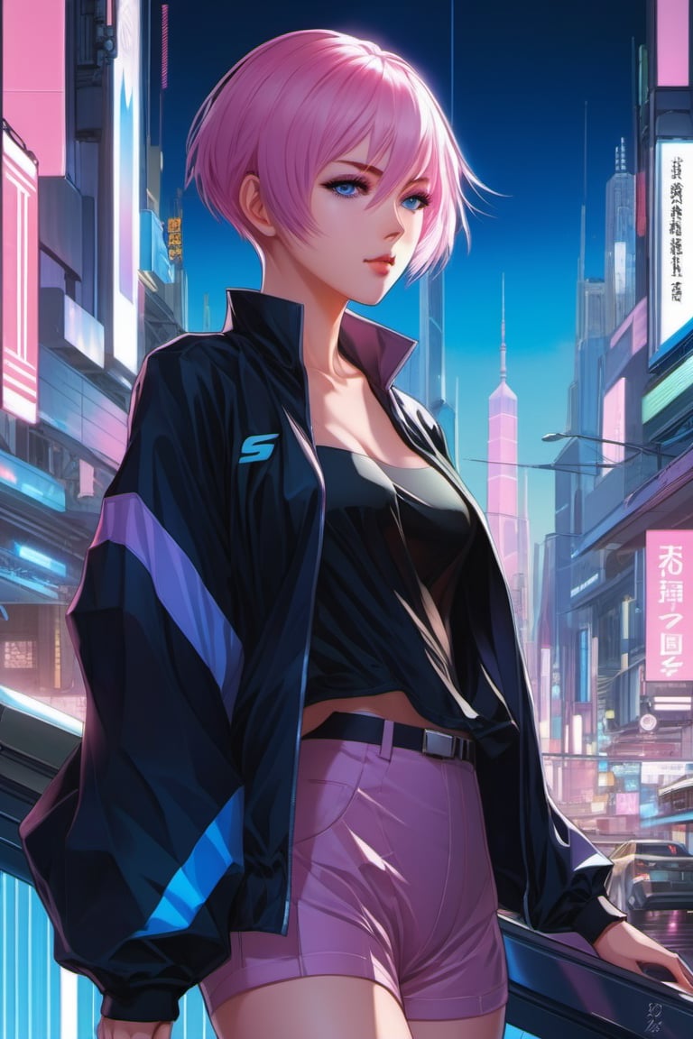 (masterpiece, top quality, super detail, high resolution, best illustration), Anime cyberpunk woman with Pastel Rainbow white blue short hair,Light Pink eyes, 20 years old, by makoto shinkai, stanley artgerm lau, wlop, rossdraws