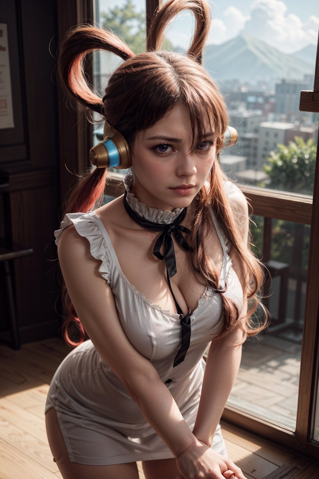   smile,   mature_woman, 27 years old, stern expression, frustrated, disappointed, flirty pose, sexy, looking at viewer, scenic view, Extremely Realistic, high resolution, masterpiece, 

uta, solo, long hair, split-color hair, headphones, hair rings, hair over one eye, looking at viewer, dress, ribbon, white dress, black ribbon, neck ribbon, twintails