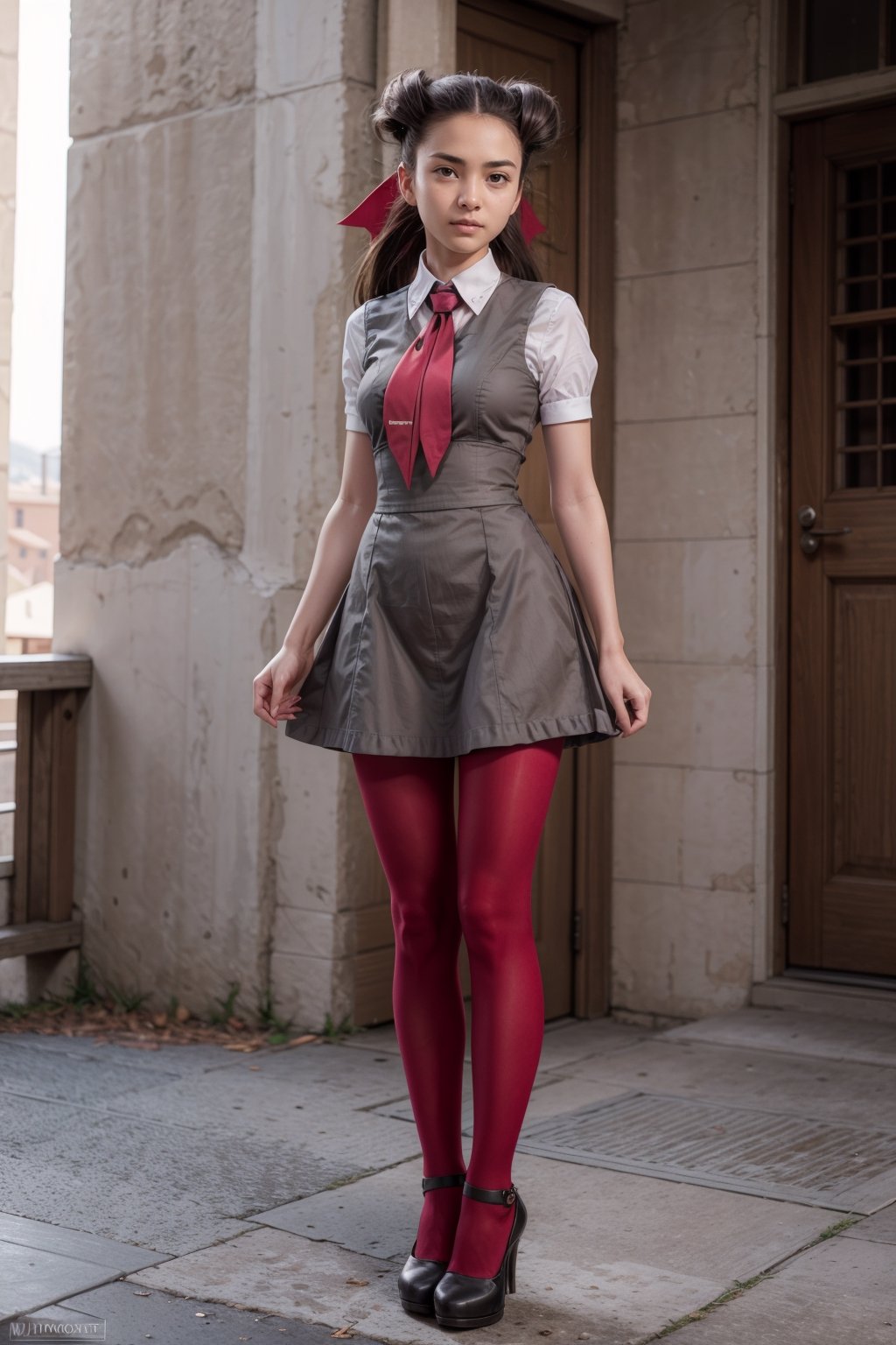   smile,   mature_woman, 27 years old, stern expression, frustrated, disappointed, flirty pose, sexy, looking at viewer, scenic view, Extremely Realistic, high resolution, masterpiece, 

roxanne, twintails, hair ribbon, ascot, grey dress, white shirt, short sleeves, pink pantyhose, shoes, full body, cowboyshot,