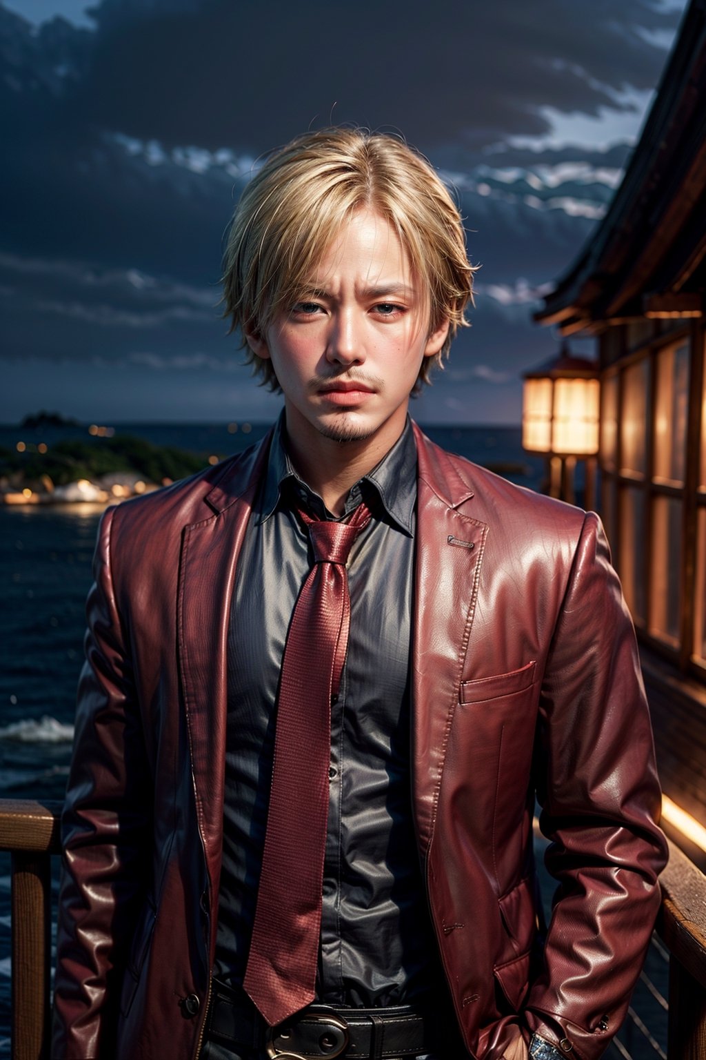  looking at viewer, scenic view, Extremely Realistic, high resolution, masterpiece, 

pirate ship background, ocean,  sanji2, suit, hair_over_one_eye, eyeblow, black shirts, necktie, Burgundy jacket, facial hair, blonde hair, male, short hair, 