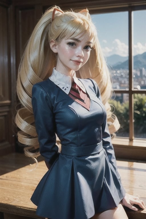  Blue dress, smile,  panties, mature_woman, 27 years old,Luna_MM, twin tails, drill hair, blonde, striped tights,blue dress, school uniform, skirt, blond_hair, big hair, big red ribbon in hair, stern expression, frustrated, disappointed, flirty pose, sexy, looking at viewer, scenic view,Extremely Realistic,TWINTAILS, TWIN DRILLS,REALISTIC,Masterpiece,highres,best quality,