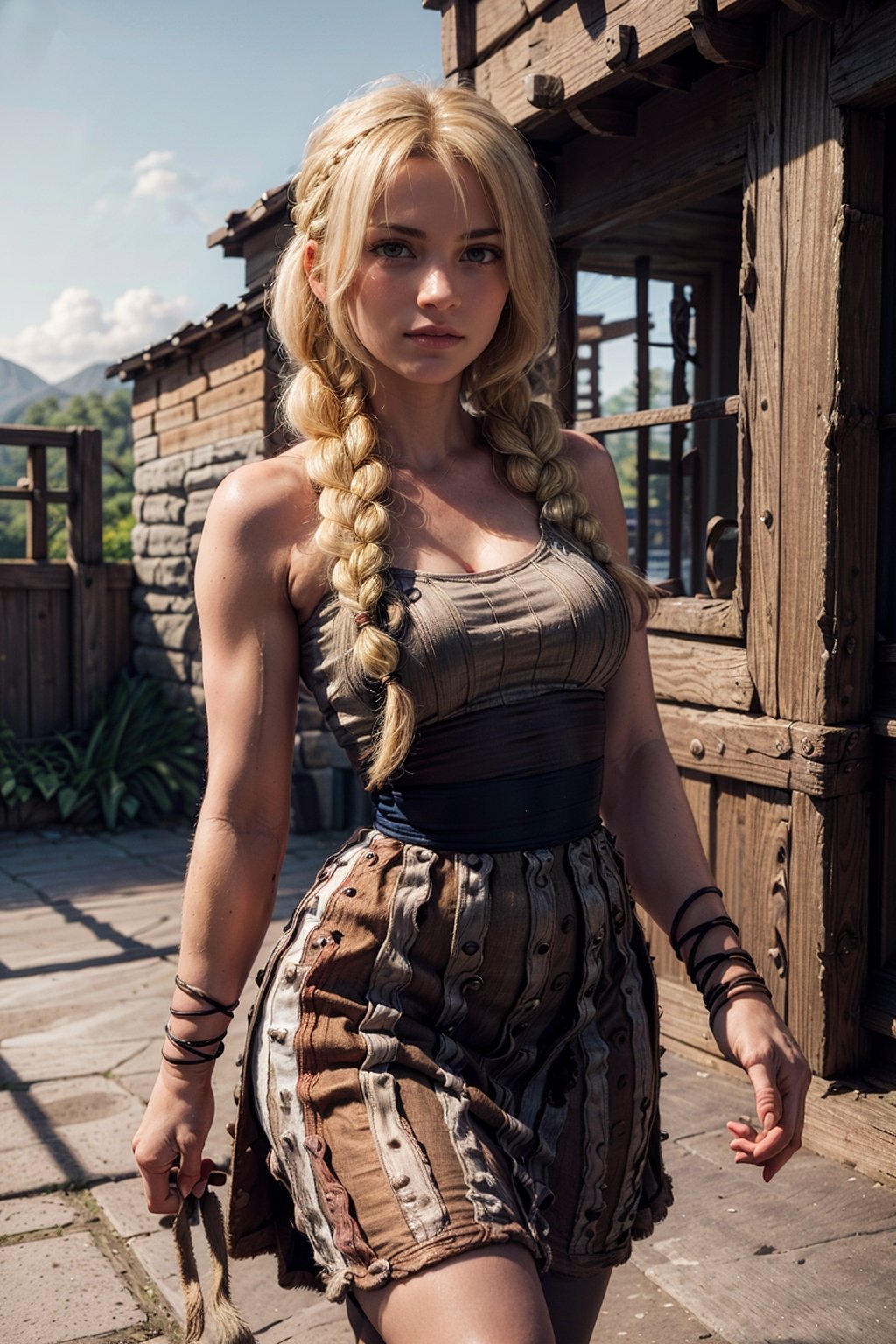   smile,   (mature_woman, 27 years old), stern expression, frustrated, disappointed, flirty pose, sexy, looking at viewer, scenic view, Extremely Realistic, high resolution, masterpiece, 

astridWaifu, (long hair, blonde, blue eyes, braid:1.2), 

 (skinny, fit, toned muscles, white and black striped tennis dress ), full body