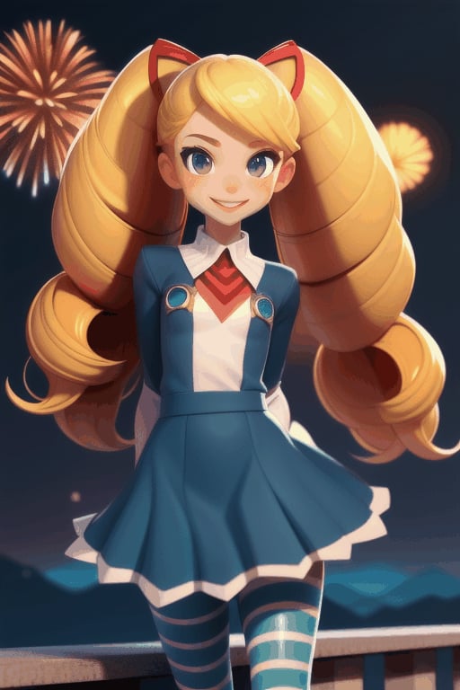 3D MODEL,

TWINTAILS, TWIN DRILLS, Luna_MM, twin tails, drill hair, blonde, blond_hair, big hair, big red ribbon in hair, cowboy shot, scenic view, smile, parted lips , striped tights,blue dress, school uniform, skirt, 

exploding fireworks ,DRESS