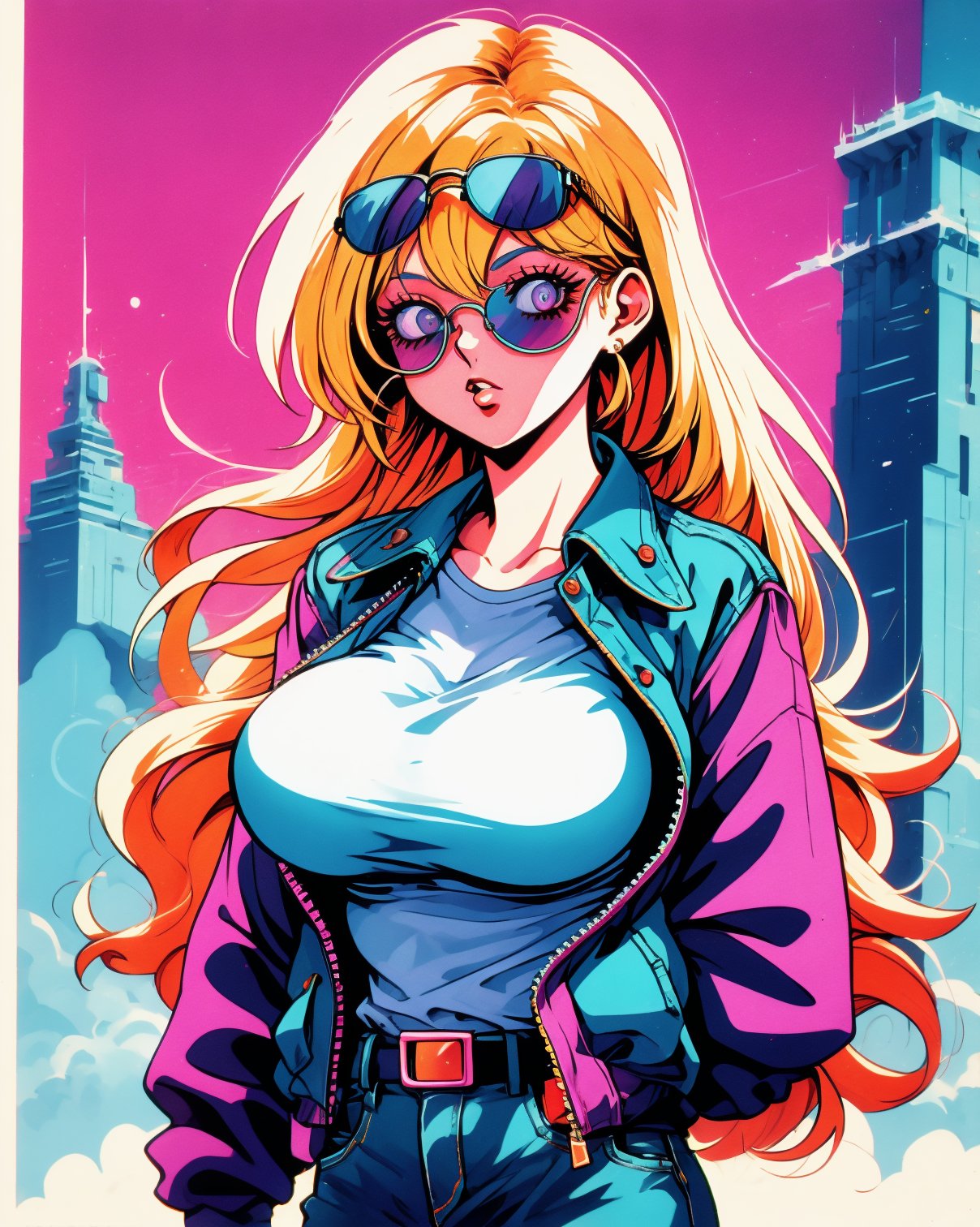 blond woman with pink sunglasses and a denim jacket1990s (style), 1980s (style), retro artstyle, a girl,, best quality, masterpiece.