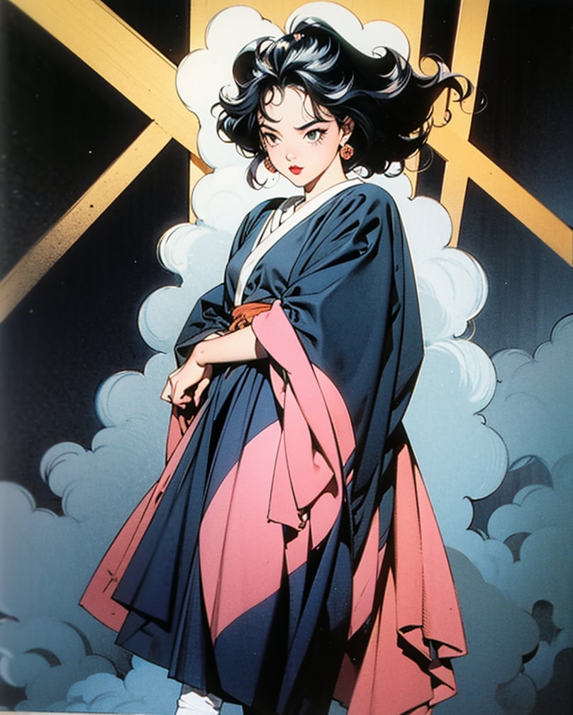 vintage sticker of a full body portrait of a woman in the Japanese retro anime style of the 80s and 90s. The scene features a top model with wild hair, exuding confidence and allure. She stands in a dynamic pose that highlights her form and curves, set against a soft pink and yellow palette. The lighting reflections and shadows add depth and intensity to the scene. Her gaze is evocative and intense, aware of her own beauty and playing it up for the photoshoot. She is dressed in stylish, minimalist clothing that accentuates her form, with bold lipstick and eyeliner highlighting her sharp facial features. The background is minimalist, ensuring all attention is on her captivating presence. Emphasize her confident pose, wild hair, and the dramatic interplay of light and shadow, creating a nostalgic yet striking visual in the retro anime style.