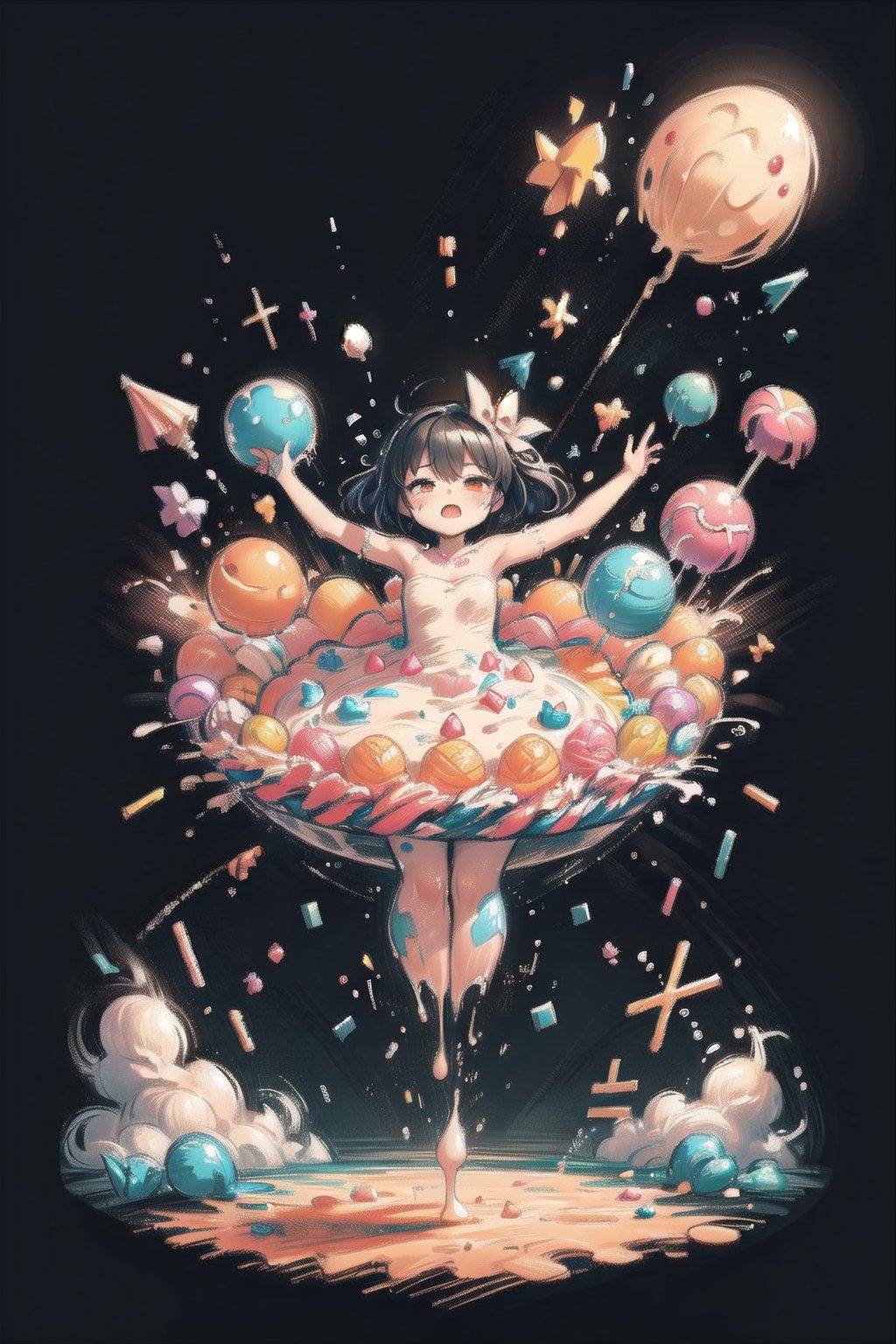 A girl falls onto a cream cake, causing the cream to splatter everywhere. As she lands, an explosion of candies and bubbles fills the air, floating all around her. The scene is whimsical and playful, with colorful sweets and shimmering bubbles creating a magical, dream-like atmosphere.