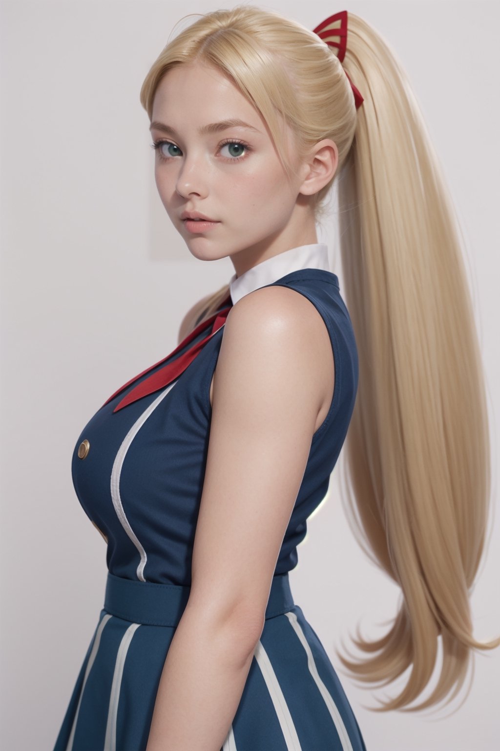 masterpiece, best quality, 1girl, solo, looking at viewer, breasts, , portrait, white background, simple background, 

TWINTAILS, TWIN DRILLS, Luna_MM, twin tails, drill hair, blonde, striped tights,blue dress, school uniform, skirt, blond_hair, big hair, big red ribbon in hair, ,photorealistic,1 girl ,REALISTIC