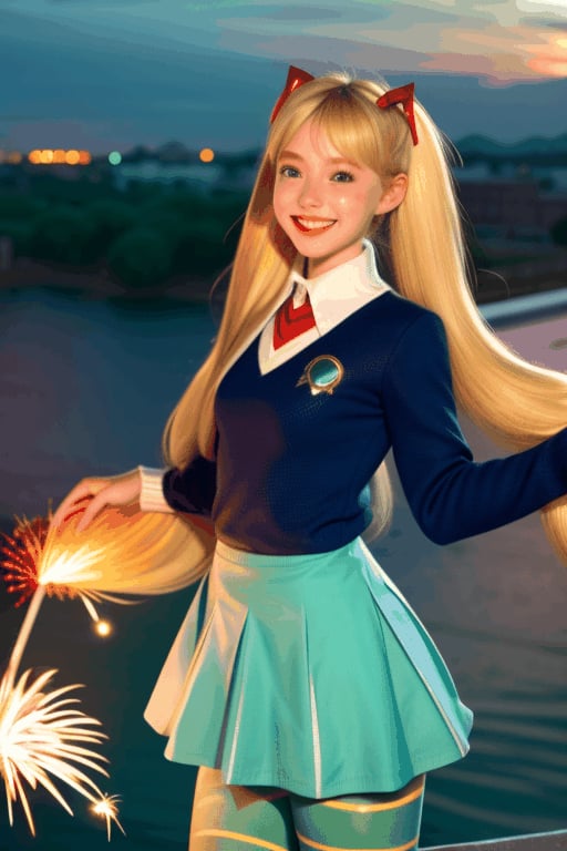 
TWINTAILS, TWIN DRILLS, Luna_MM, twin tails, drill hair, blonde, blond_hair, big hair, big red ribbon in hair, cowboy shot, scenic view, smile, parted lips , striped tights,blue dress, school uniform, skirt, 

exploding fireworks ,