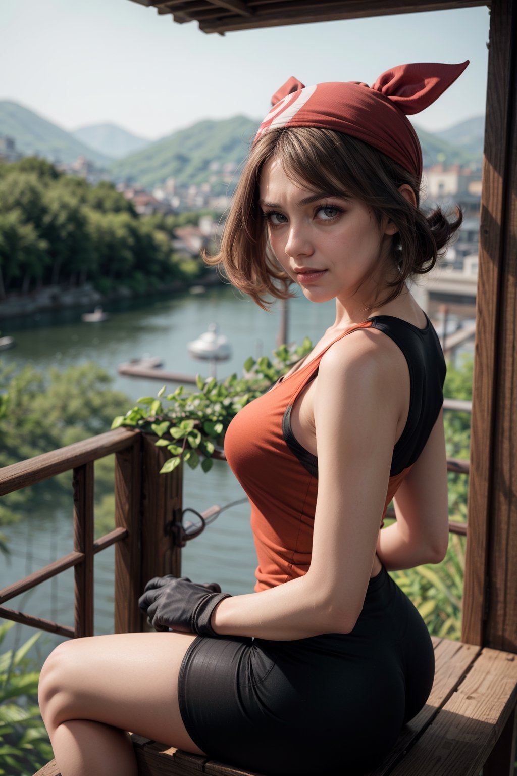   smile,   mature_woman, 27 years old, stern expression, frustrated, disappointed, flirty pose, sexy, looking at viewer, scenic view, Extremely Realistic, high resolution, masterpiece, 

may, 1girl, solo, looking at viewer, shirt, eyelashes, bike shorts, bandana, red shirt, hairband, medium hair, gloves, shorts, bow hairband, sleeveless, red bandana, tight white pencile skirt, view from behind, 