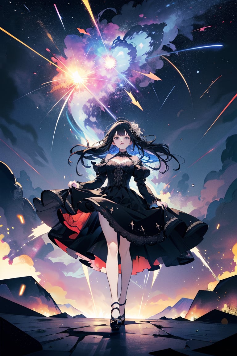 (masterpiece, best quality, highres, ultra resolution image,

A woman in a tight black wedding dress descends from the sky, her skirt flying. Stars fall with her, and sparks erupt from the ground, creating a dramatic, magical scene.