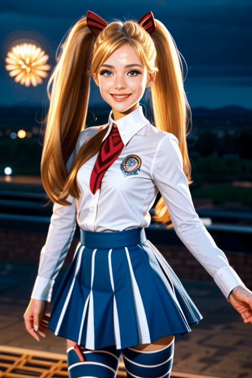 
TWINTAILS, TWIN DRILLS, Luna_MM, twin tails, drill hair, blonde, blond_hair, big hair, big red ribbon in hair, cowboy shot, scenic view, smile, parted lips , striped tights,blue dress, school uniform, skirt, 

exploding fireworks ,photorealistic