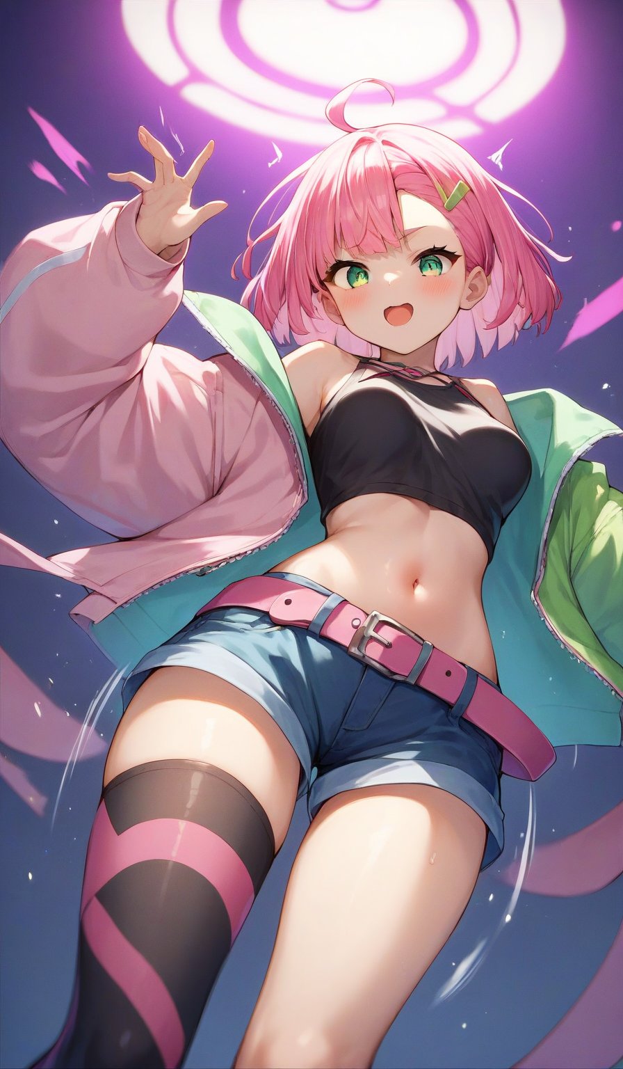 Score_9, Score_8_up, Score_7_up, Score_6_up, Score_5_up, Score_4_up, , source_anime, Extremely Realistic,more detail XL,(motion sex), motion lines, motion blur, vibrant colors, 

kisikilslf1, pink hair, green eyes, short hair, white **** top, midriff, shorts, pink belt, asymmetrical legwear, oversized pink jacket