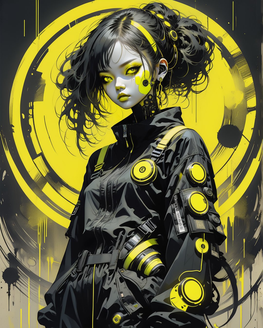 One girl in black and yellow techwear clothes, Circle neon on background,full body, (masterpiece), (High resolution), (super delicate), scribble, nightmare, doll-like face, cartoon style, rough sketch, Horror elements, Comic style illustration, Japanese painting, (Creepy), Japanese carving, crazy illustration, antique, dark atmosphere, flat illustration,Creepy appearance, Distinctive messy hairstyle, creative accessories, unique atmosphere