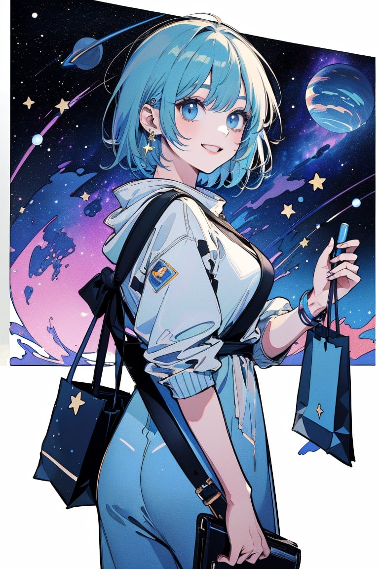 (masterpiece, best quality, highres:1.3), ultra resolution image, 

A cute urban girl with short hair and trendy clothes carries shopping bags, floating through the galaxy. She smiles brightly, surrounded by stars and planets, wearing stylish accessories and holding her bags tightly, capturing the whimsical, space-borne shopping adventure.