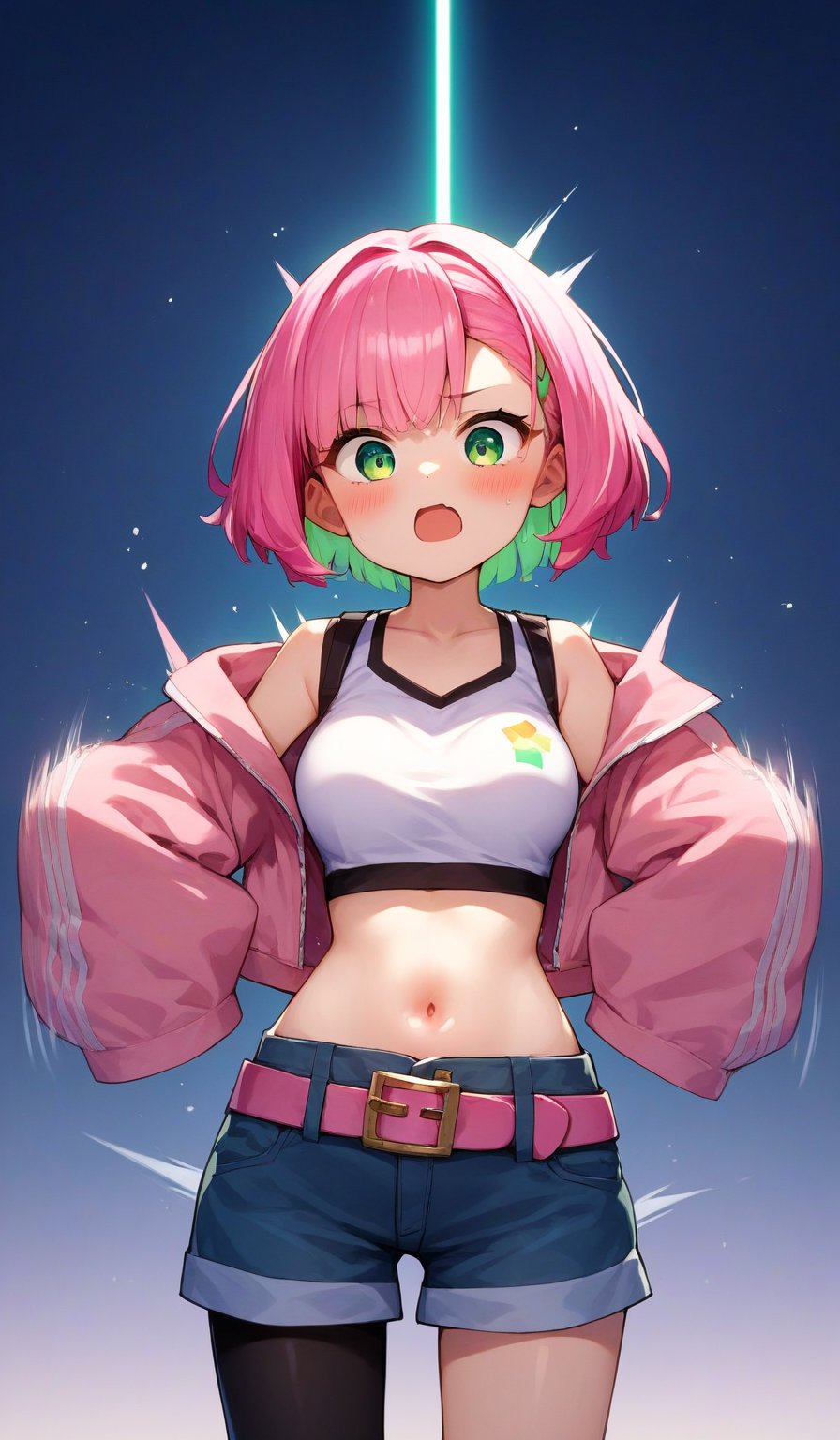 Score_9, Score_8_up, Score_7_up, Score_6_up, Score_5_up, Score_4_up, , source_anime, Extremely Realistic,more detail XL,(motion sex), motion lines, motion blur, vibrant colors, 

kisikilslf1, pink hair, green eyes, short hair, white **** top, midriff, shorts, pink belt, asymmetrical legwear, oversized pink jacket