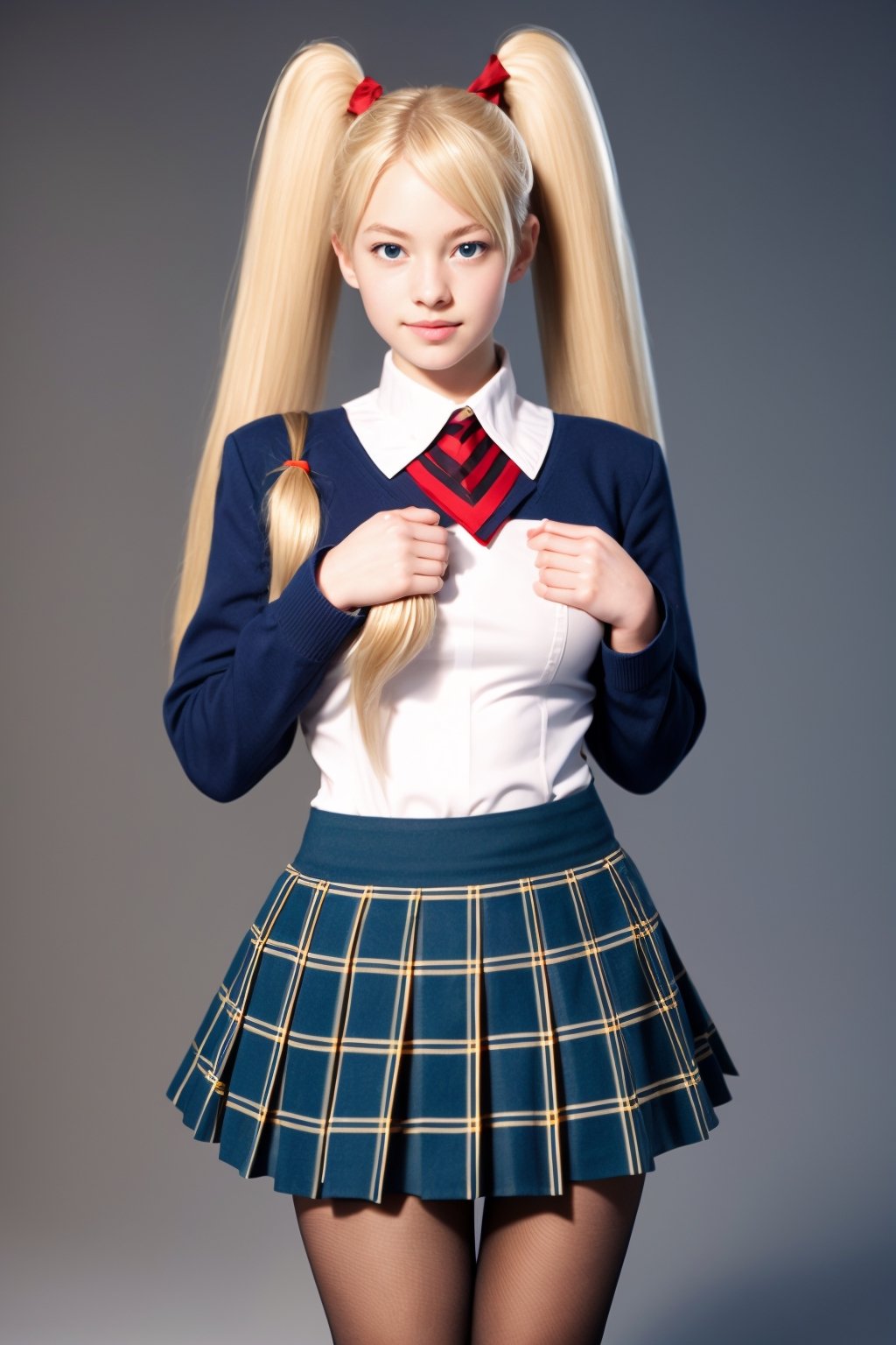 masterpiece, best quality, 1girl, solo, looking at viewer, breasts, , portrait, white background, simple background, 

TWINTAILS, TWIN DRILLS, Luna_MM, twin tails, drill hair, blonde, striped tights,blue dress, school uniform, skirt, blond_hair, big hair, big red ribbon in hair, ,photorealistic