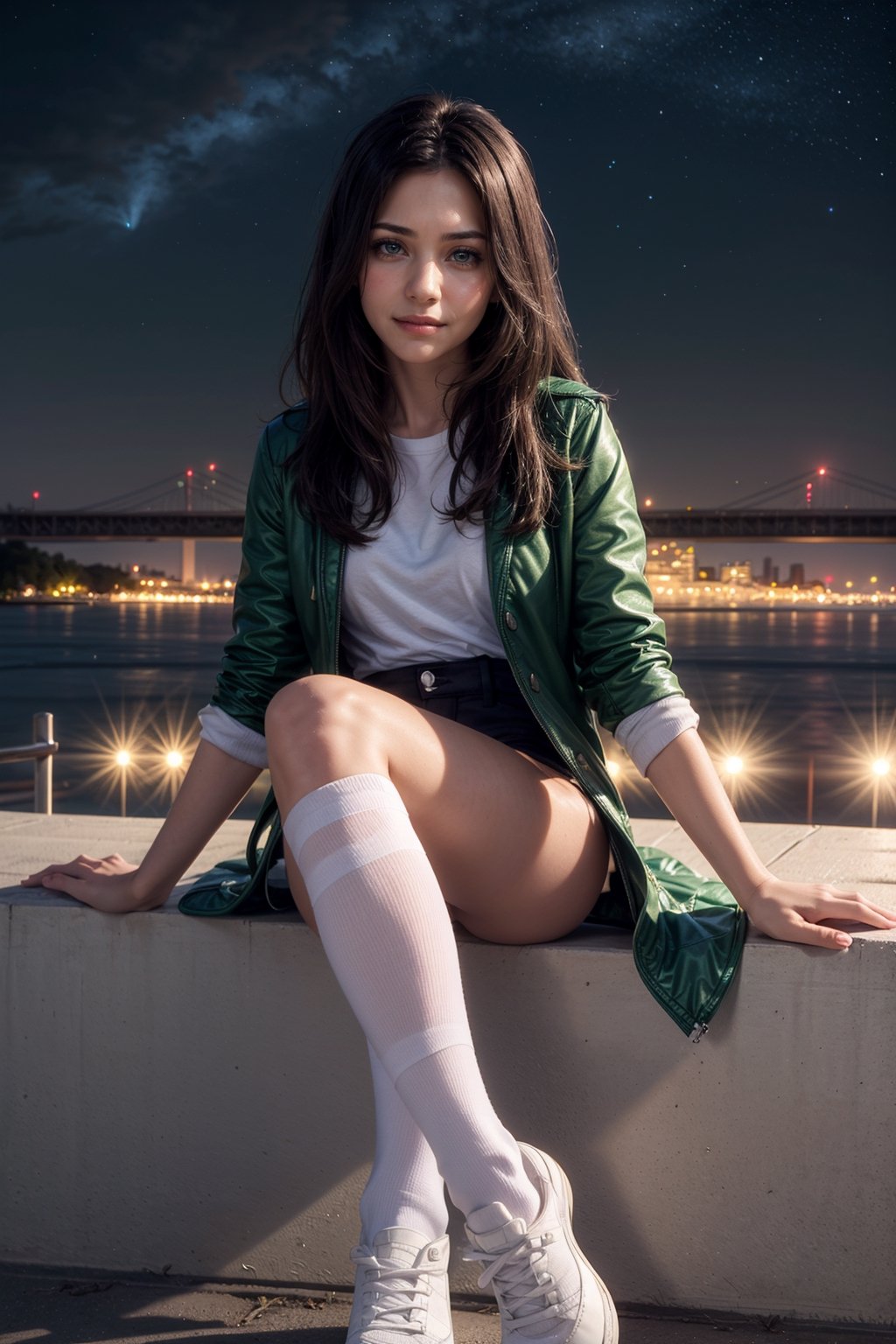   smile,   mature_woman, 27 years old, stern expression, frustrated, disappointed, flirty pose, sexy, looking at viewer, scenic view, Extremely Realistic, high resolution, masterpiece, 

liko \ pokemon\) ,1girl,smile,night,city,starry sky,only girl,greeting,correct anatomy,small hand,correct hands, hair_ornament, black_shorts, green_coat, white_footwear, white_legwear, white__shirt, white_socks