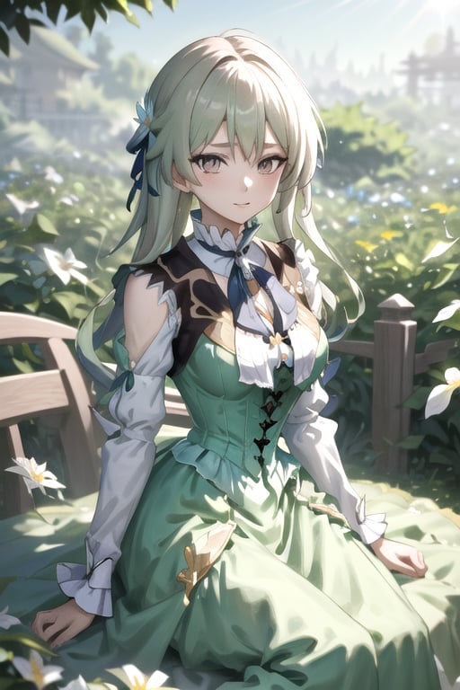 ((victorian dress)),firefly \(honkai: star rail\), flower garden, backyard