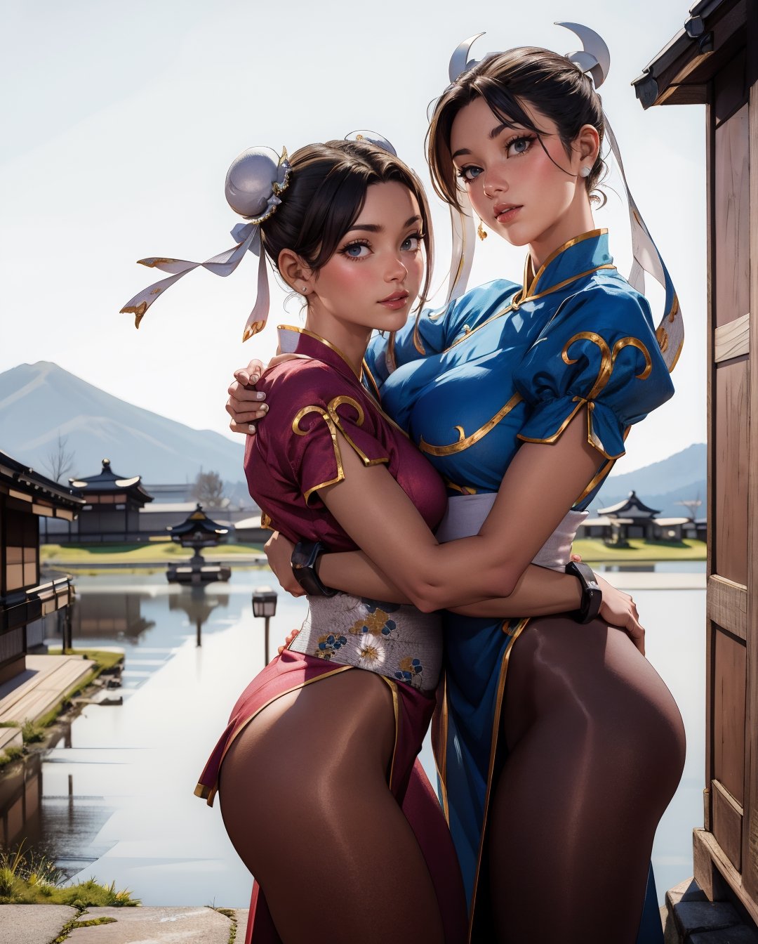(masterpiece, best quality, ultra-detailed, 8K), cowboy shot, dynamic angle, (2 girls:1.7), picture of 2 beautiful girls chun li and shiranui mai, looking at viewer, smiling, (hug, cute pose:1.2), [[BREAK]] 21 year old models, (blue, eyes), big breasts,chun li,shiranui_mai, (outside, blue sky, old town Japan),