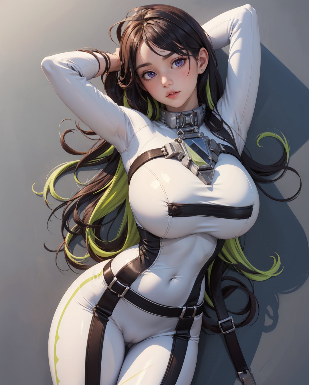 (masterpiece, best quality, ultra-detailed, 8k), realistic photo, detailed face, detailed eyes, full body, lying, (view from above:1.2), (arms up, arms behind head:1.2), (huge breasts), guilty \(nikke\), 1girl, solo, white bodysuit, stretched clothes, (skin tight bodysuit), collar, belt, purple eyes, green hair, two-tone hair, tiny waist, wide hips, tight body, slender body, hourglass body, thigh gap, camel toe, sexy fit body, More Detail, simple background, guilty (nikke)