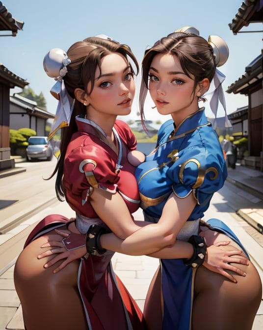 (masterpiece, best quality, ultra-detailed, 8K), cowboy shot, dynamic angle, (2 girls:1.7), picture of 2 beautiful girls chun li and shiranui mai, looking at viewer, smiling, (hug, cute pose:1.2), [[BREAK]] 21 year old models, (blue, eyes), big breasts,chun li,shiranui_mai, (outside, blue sky, old town Japan),unaligned breasts,(symmetrical docking orgy:1.2)