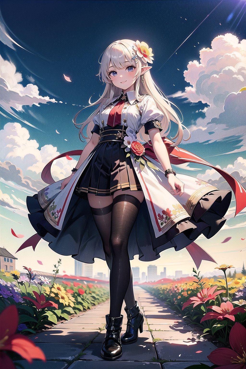 (masterpiece, best quality), (ultra detailed),(absurdres), 1 girl,(baby face:1.1),pointy ears,right bule hair,kindly smile,(flower:1.4),Matte Painting,full body,fantasy world
